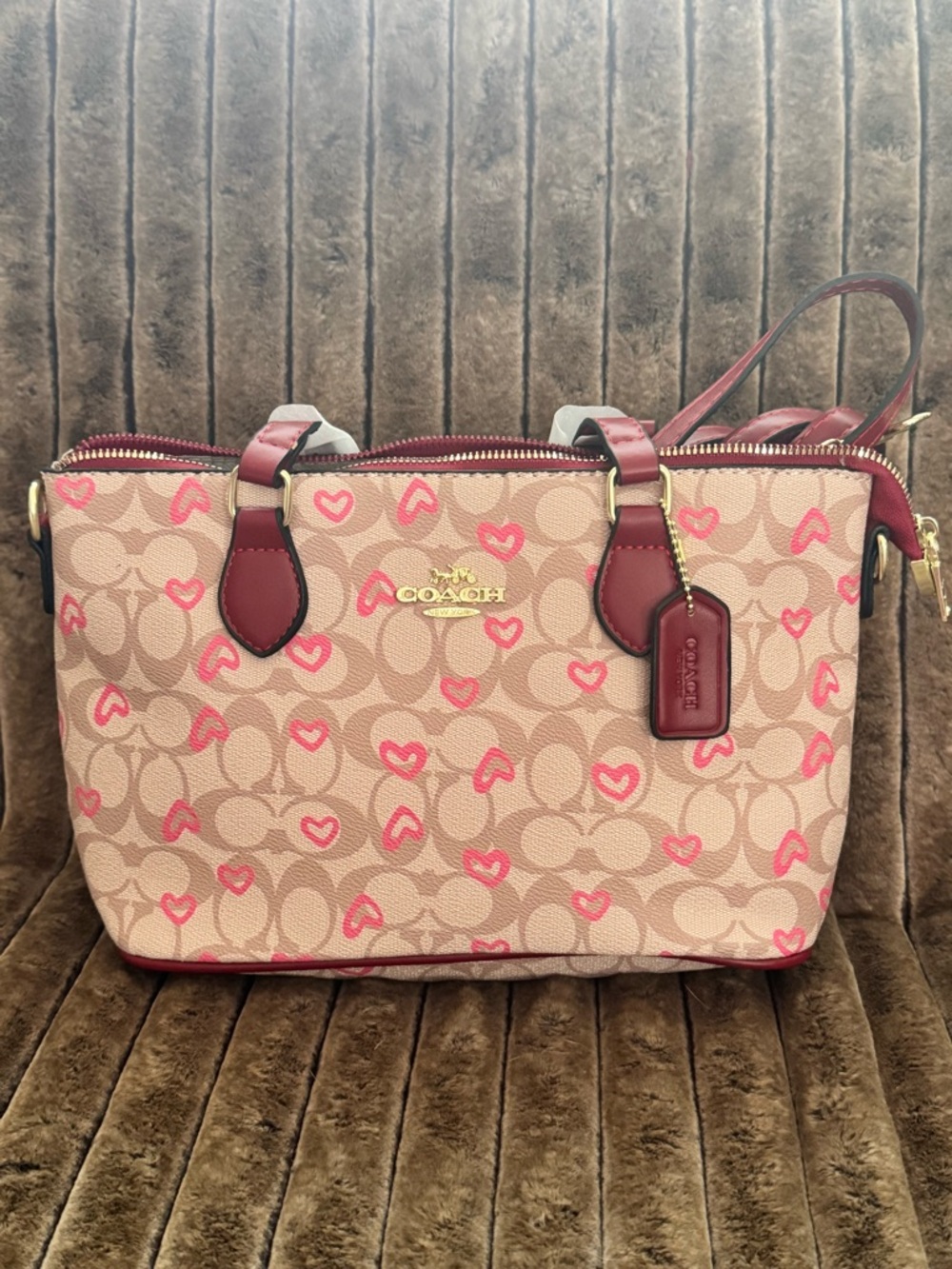 COACH Pink Heart Signature Canvas Tote with Burgundy Trim